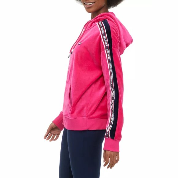 MAGENTA Tommy Hilfiger Sport Athleisure Velour Zip Up Jacket Contrast Logo Tape - Picture 3 of 6